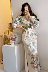floral print satin gown with belted waist – retga