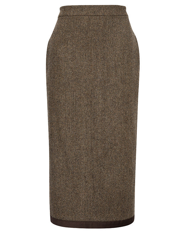 High-waisted herringbone pencil skirt with satin trim - Milta