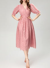 puff sleeve eyelet midi dress – Aagwqrm