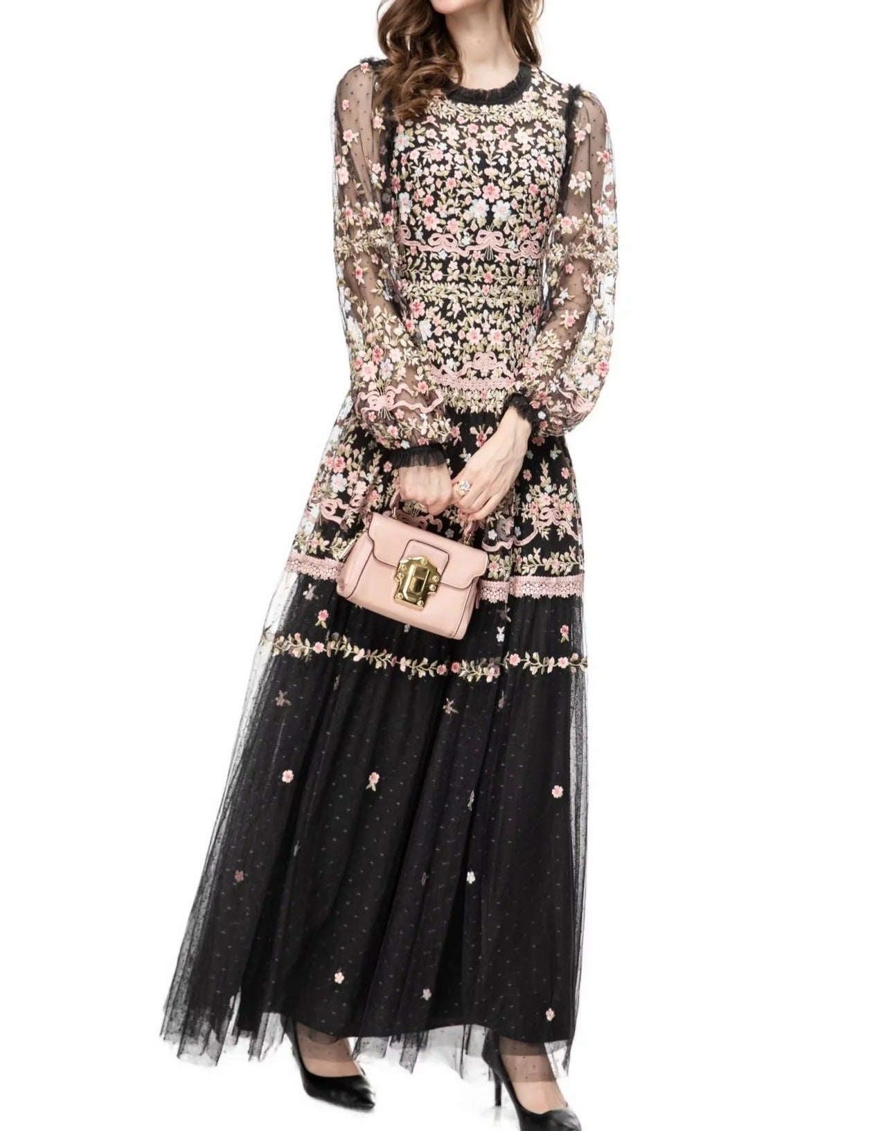 sheer embroidered tulle gown with floral motifs – Fikwesd