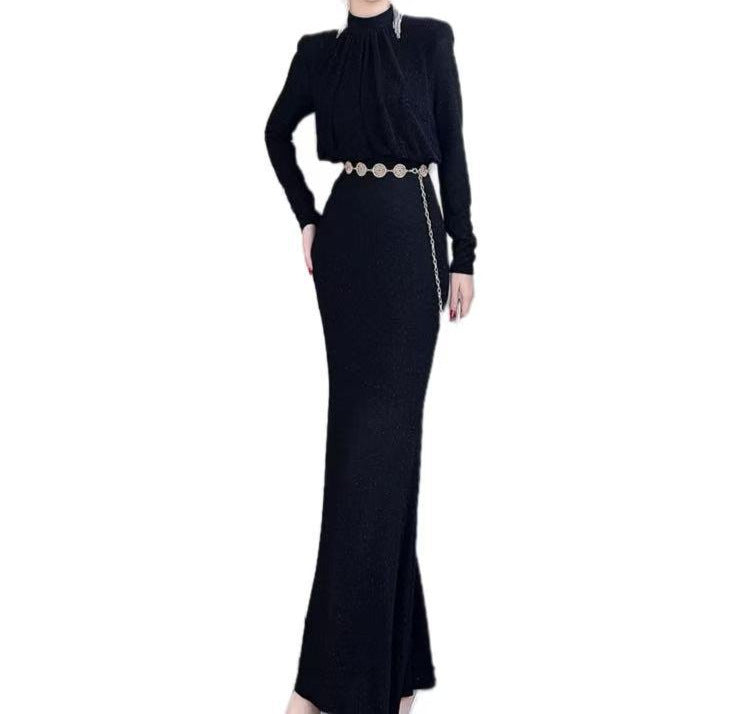 long-sleeve column dress with draped bodice – RY MOON