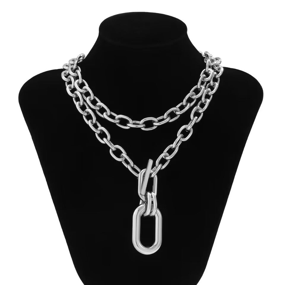 Chunky layered chain necklace with oversized pendant link - Netra