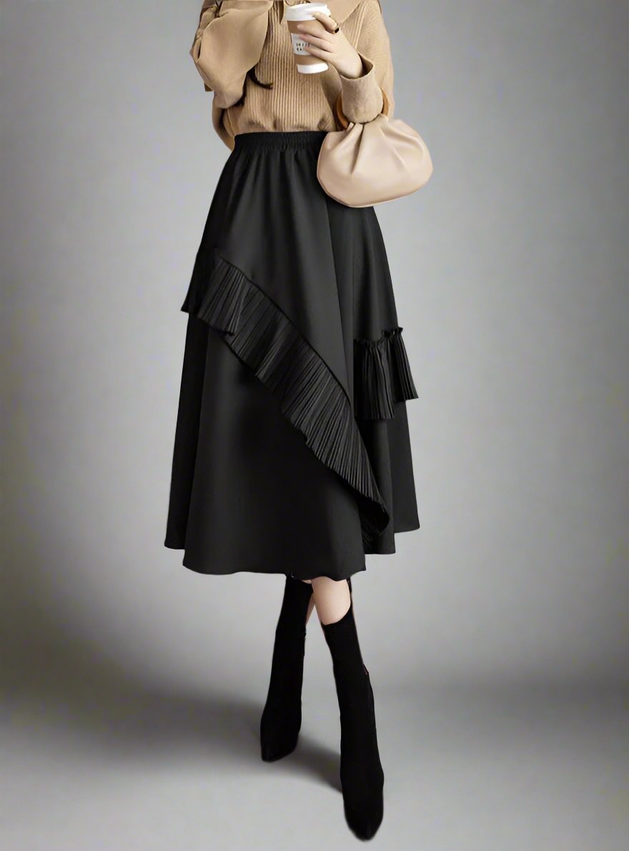 asymmetrical midi skirt with pleated ruffle trim - Firouzeh