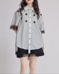 Striped button-up shirt with floral lace details - Anrity