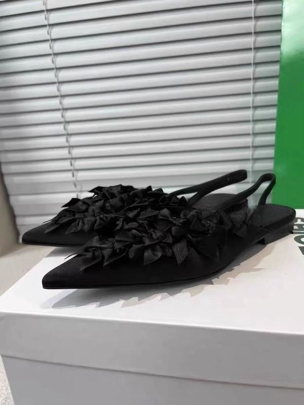 black satin slingback flats with 3D floral appliqué – NOIRIA