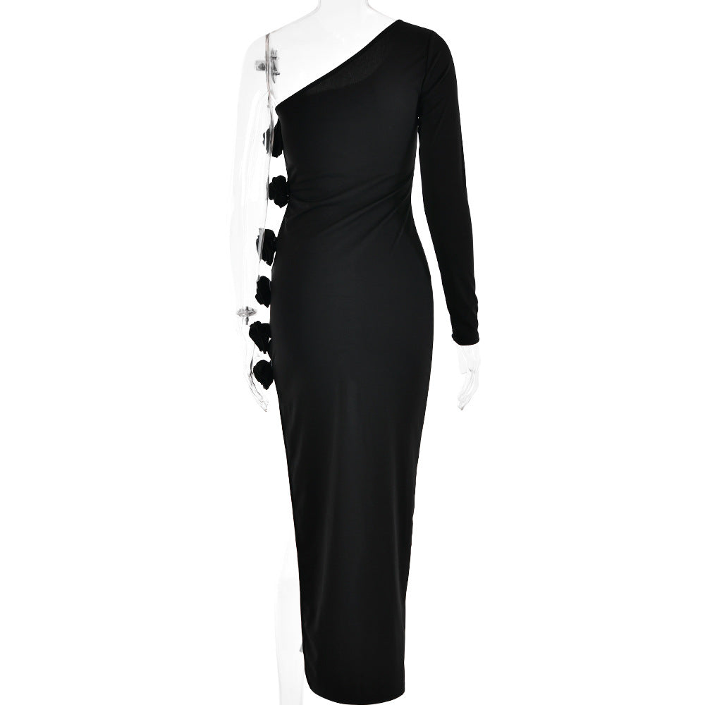 one-shoulder gown with floral side appliqué – Fahapol