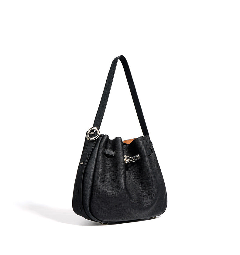 textured leather bucket bag with turn-lock strap – CAMELIA
