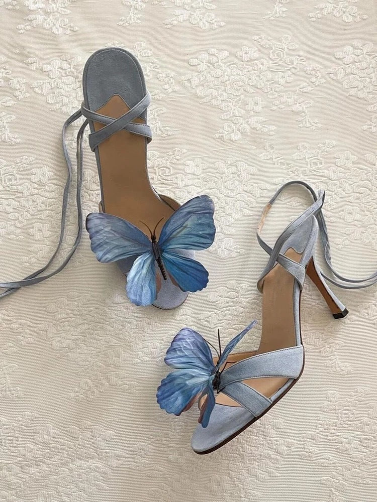 suede stiletto sandals with 3D blue butterfly appliqué – VIVARA
