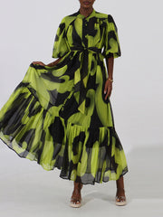 puff-sleeve tiered maxi dress with abstract print – ZARA