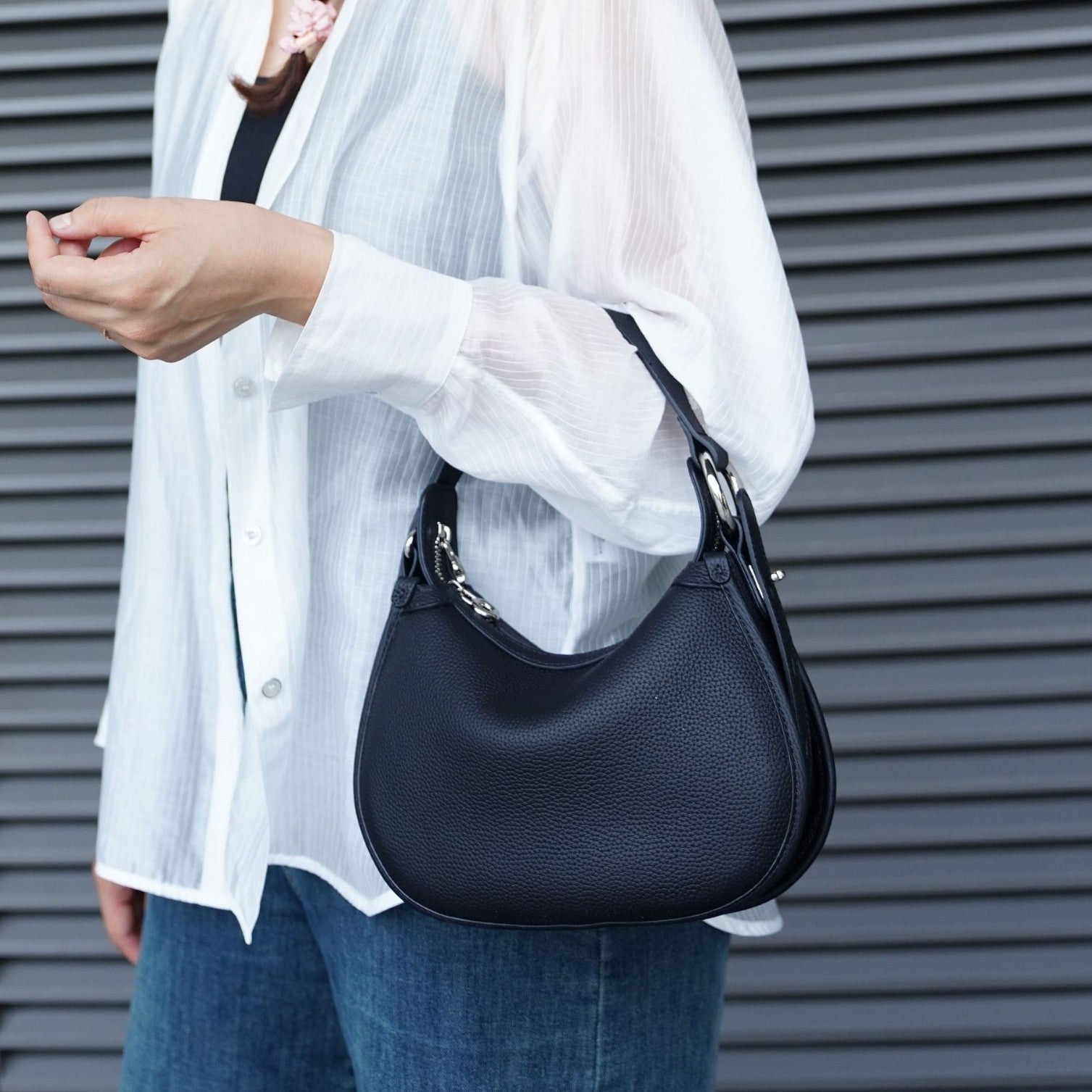 textured leather crescent bag with top handle - LAYLONA