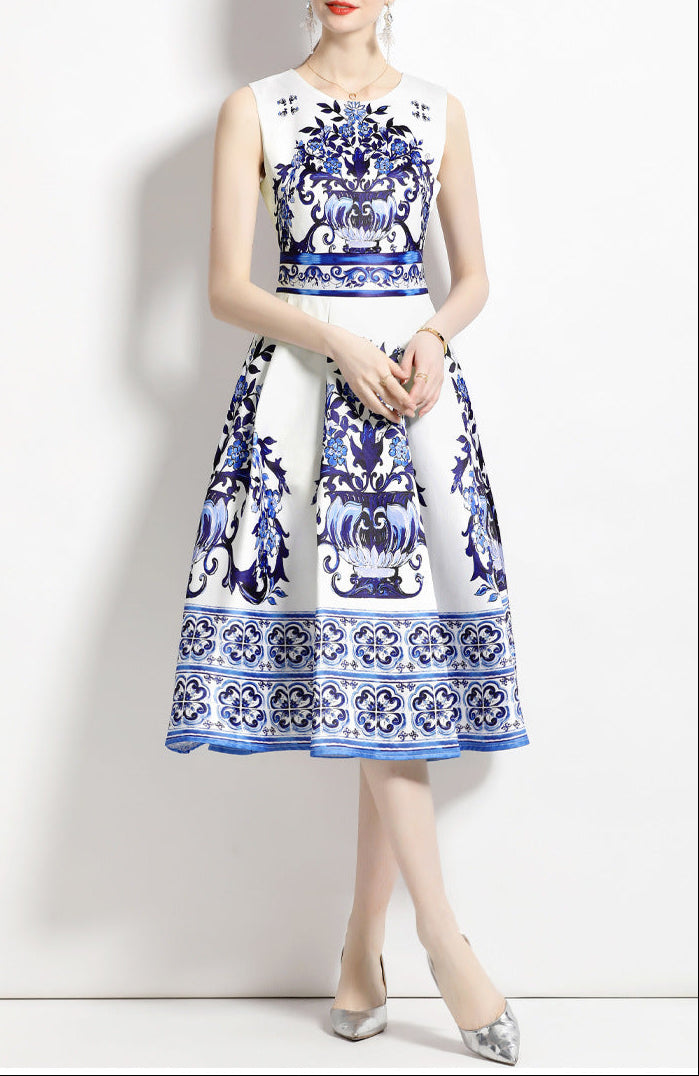 Sleeveless A-line dress with ornate vase print - CELMA