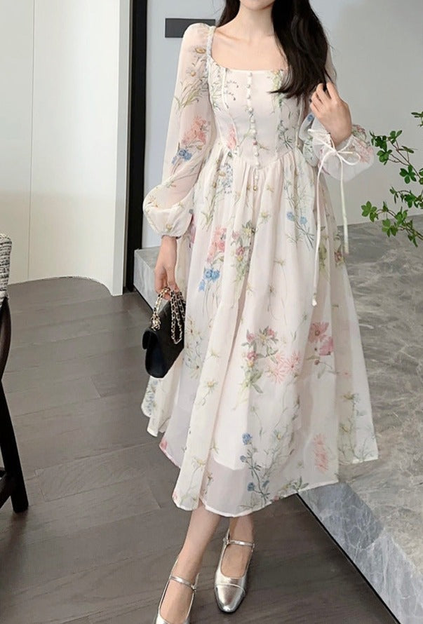 floral chiffon midi dress with puff sleeves – Aagewm