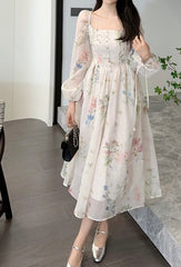 floral chiffon midi dress with puff sleeves – Aagewm