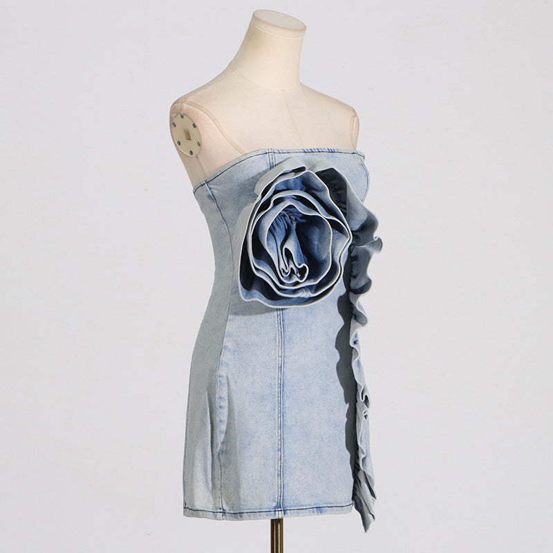 strapless denim mini dress with oversized ruffle – ROZA