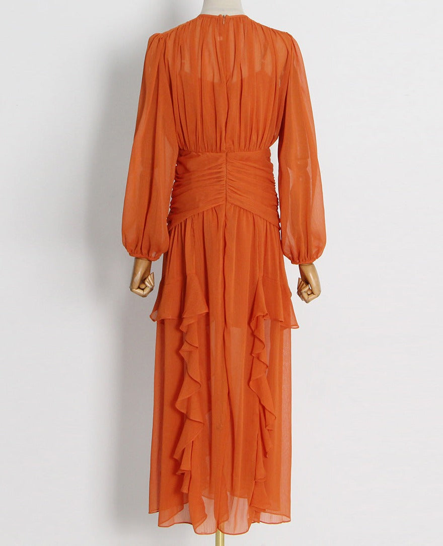 sheer ruffle-trim gown with draped bodice – Aanakec