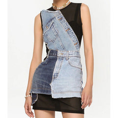 sleeveless mesh mini dress with denim patchwork – Tamela
