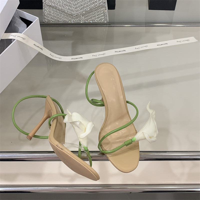 nude stiletto heels with white lily appliqué and green straps – BLOIMA