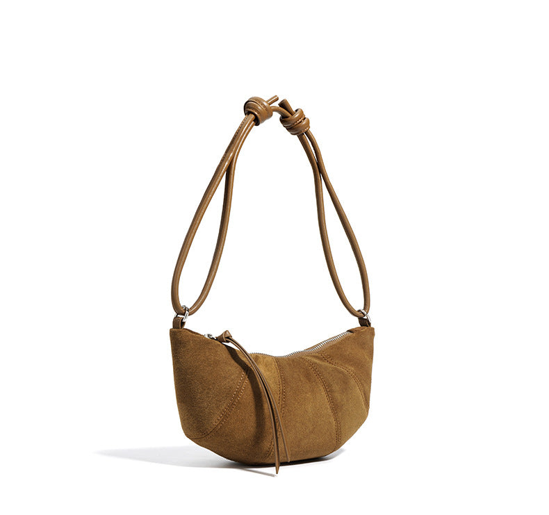 crescent suede shoulder bag with knotted strap – SIENNA