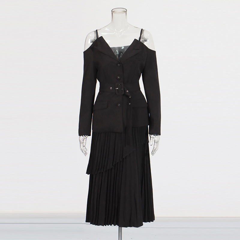 Off-shoulder belted blazer with pleated skirt - Atiju