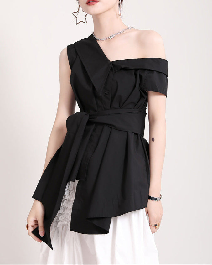 One-shoulder buttoned shirt with gathered waist - Zertu