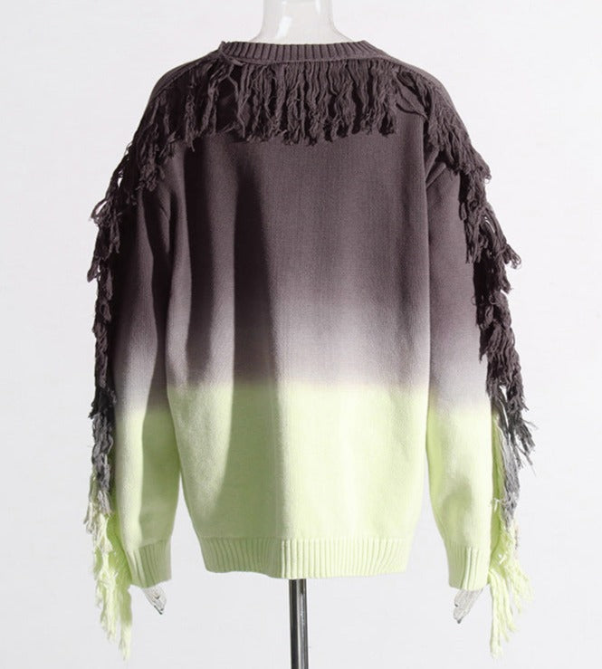 ombré fringe-trim sweater with textured shoulders - Famidah