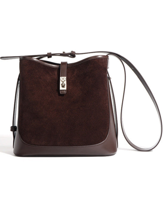 bucket shoulder bag with suede panel and leather trim - AURUXA