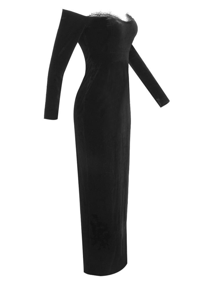 Off-shoulder velvet midi dress with lace trim – Gergana