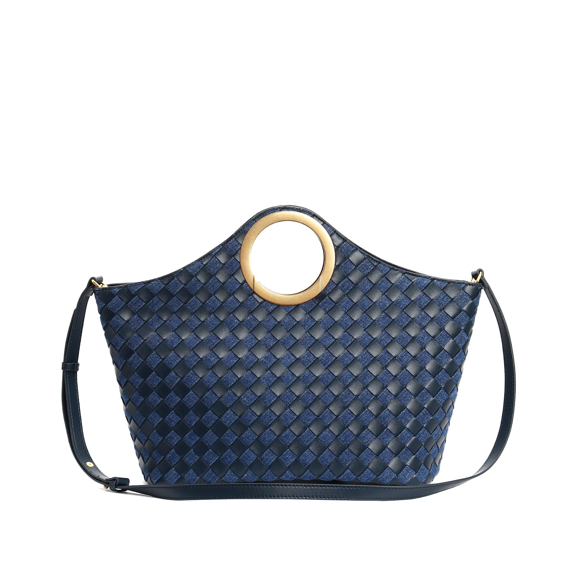 woven leather tote with circular metal handle - ARYAX