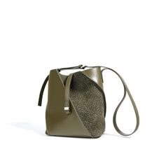asymmetrical bucket bag with felt panel – SAGE