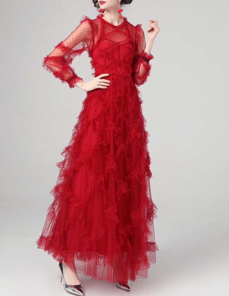 tiered ruffle tulle gown in crimson – Eeshika