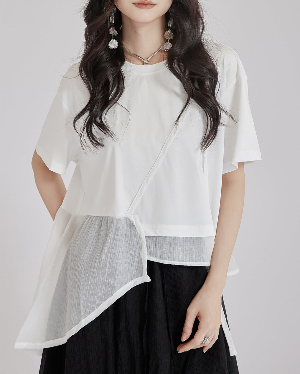 asymmetric cotton T-shirt with layered mesh panel – HARUX