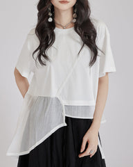 asymmetric cotton T-shirt with layered mesh panel – HARUX