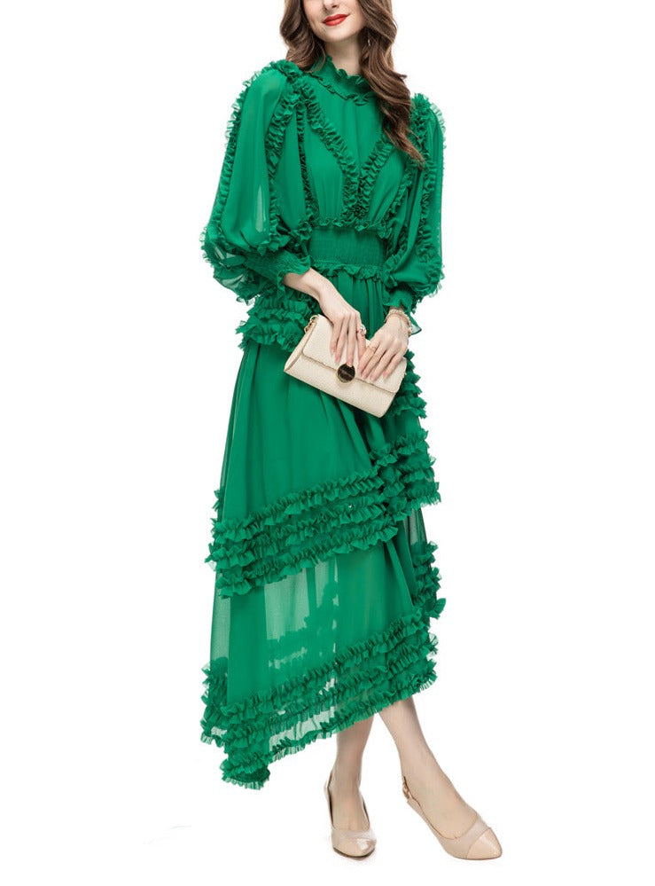 ruffled asymmetrical chiffon dress in emerald – Tharisha