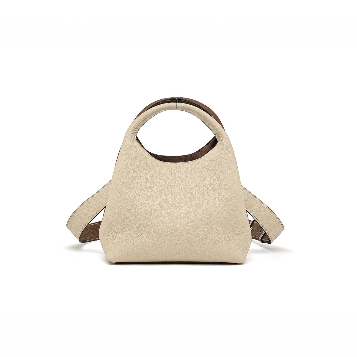 two-tone pebbled leather bucket bag with contrast strap – ARDEN