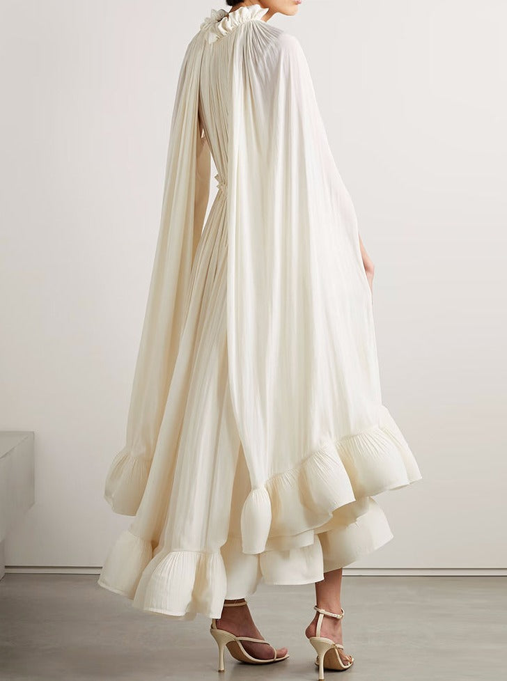 pleated cape-sleeve midi dress with ruffle hem – Aanjkvc