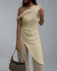one-shoulder draped asymmetrical top - IVORYAN