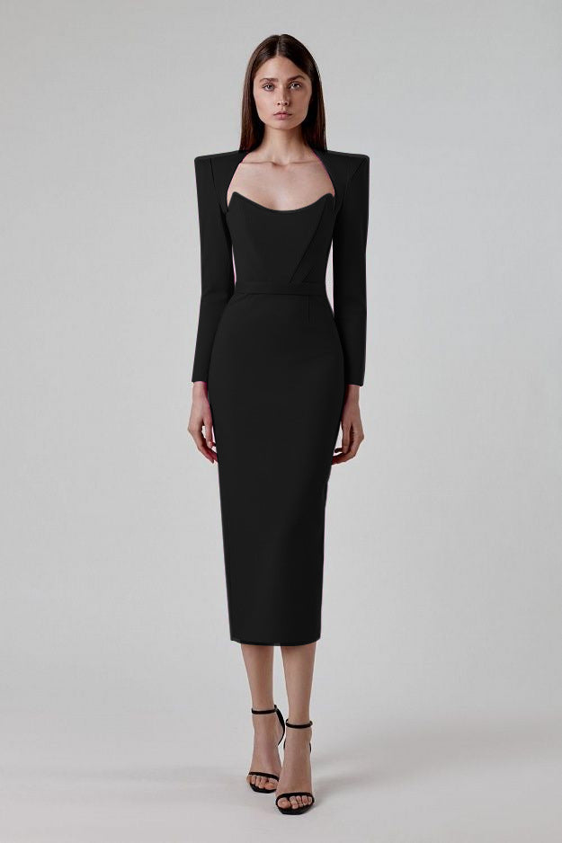 long sleeve midi dress with sculpted neckline – Adeyte