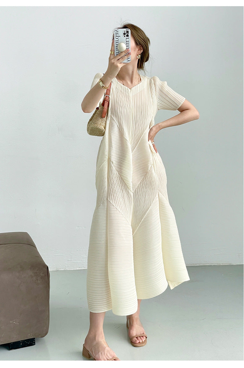 leated A-Line Midi Dress with Geometric Texture – SERENE