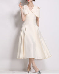 off-shoulder midi dress with oversized bow cape - CELIRNA