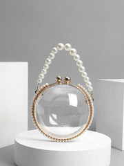 Circular clear bag with pearl handle and rhinestone accents - Lildu