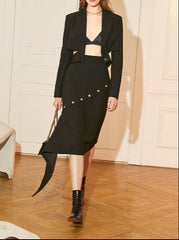 Cropped blazer suit with asymmetrical skirt and gold buttons - Verni