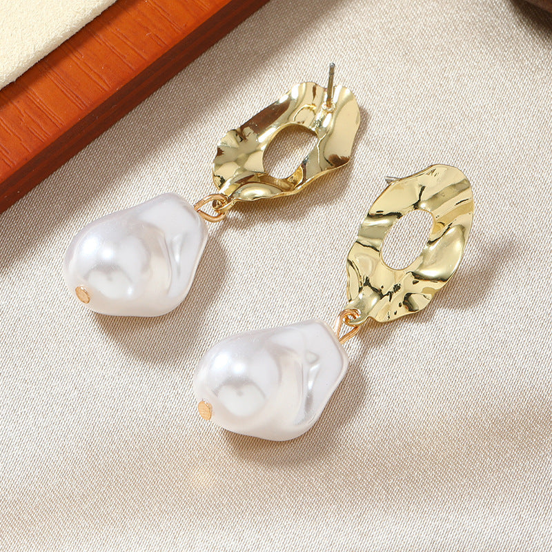 abstract gold stud earrings with baroque pearl drops – SIRX