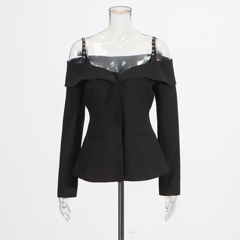 Off-shoulder tailored blazer with strap detail - Vynciru