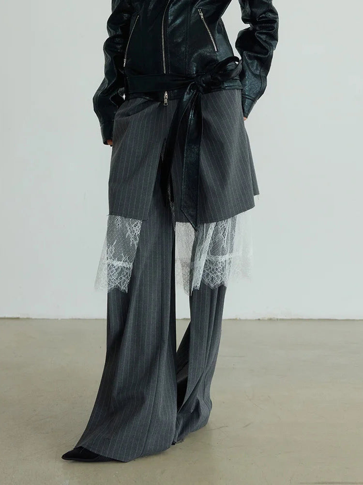 Pinstripe Pleated Pants with Lace Overlay - Durbi