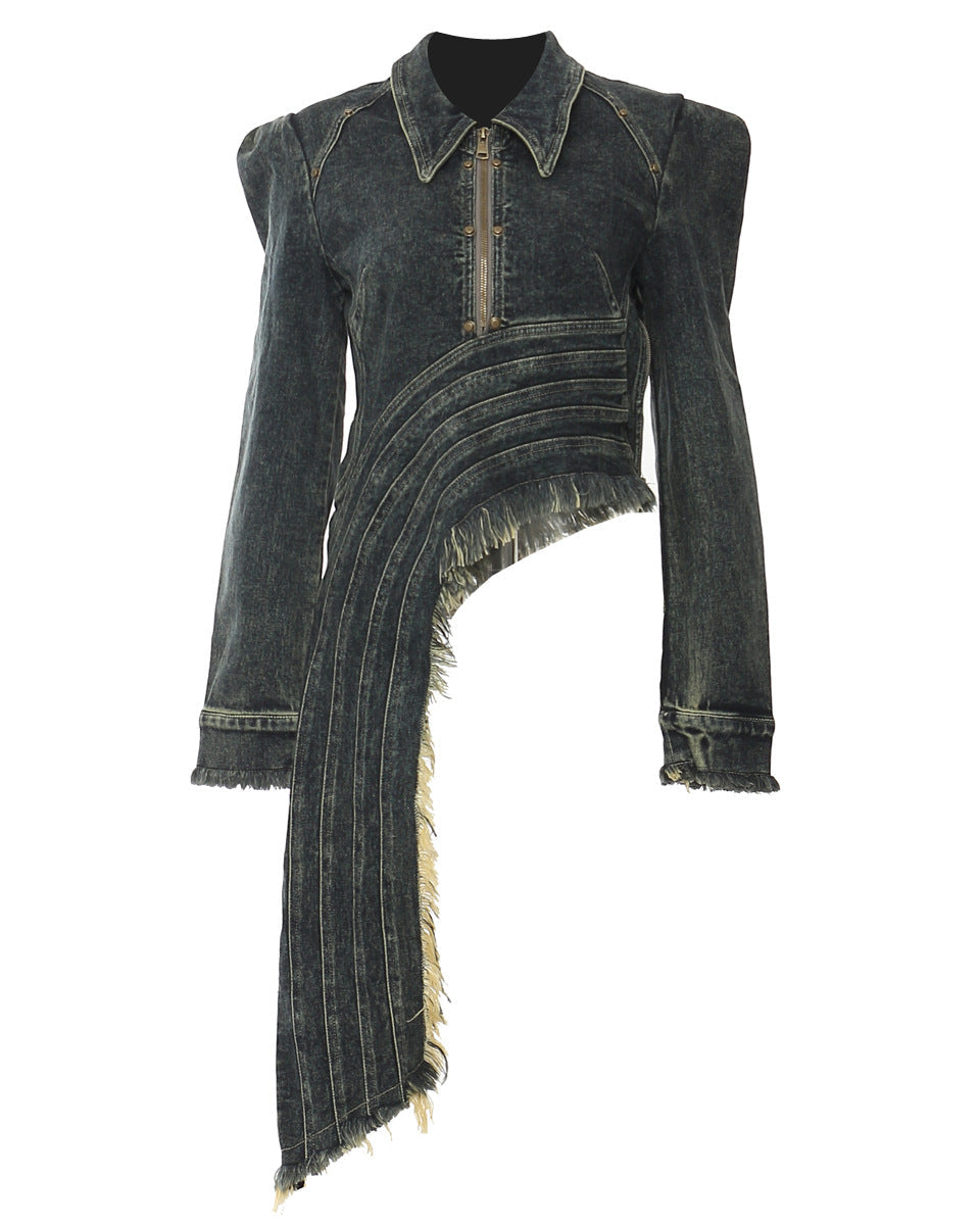Asymmetrical Frayed Denim Jacket with Zipper Detail - Liksy