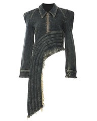 Asymmetrical Frayed Denim Jacket with Zipper Detail - Liksy