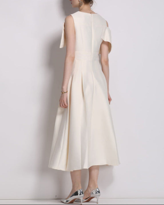 off-shoulder midi dress with oversized bow cape - CELIRNA