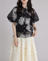 Puff sleeve blouse with floral embroidery - Kirtu