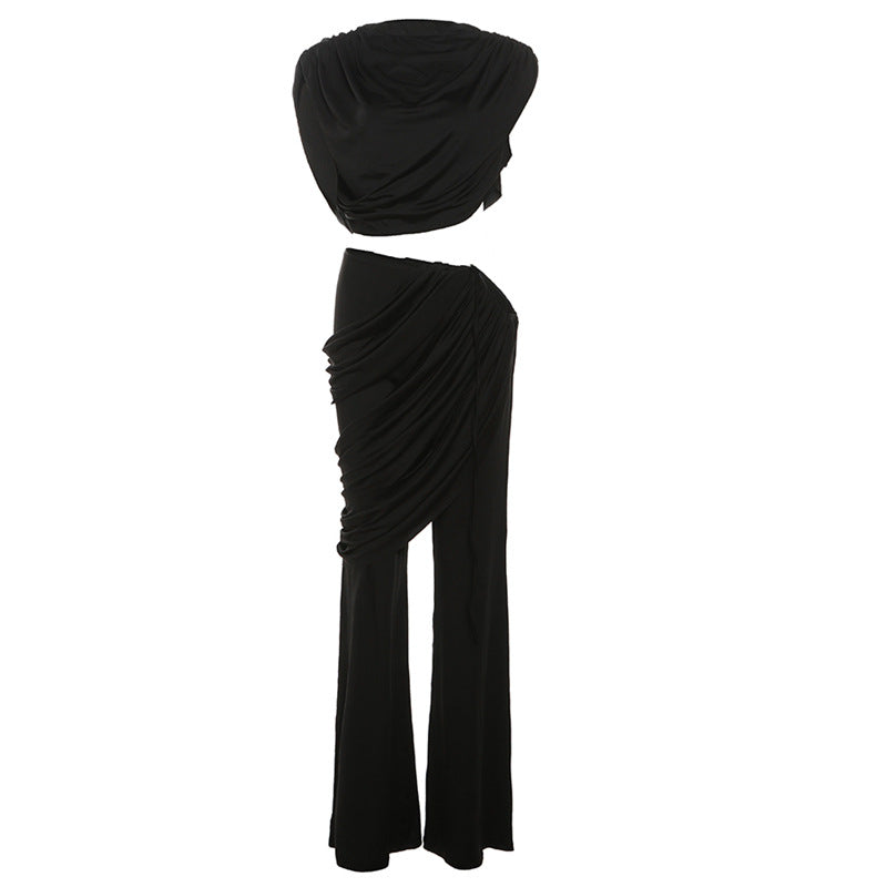 Solid Top And Asymmetrical Drawstring Flared Trouser Set