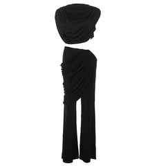 Solid Top And Asymmetrical Drawstring Flared Trouser Set